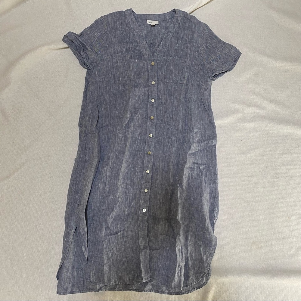 J Jill Love Linen Button Up Blue Shirt Dress Short Sleeve Side Slit Midi Flowy S